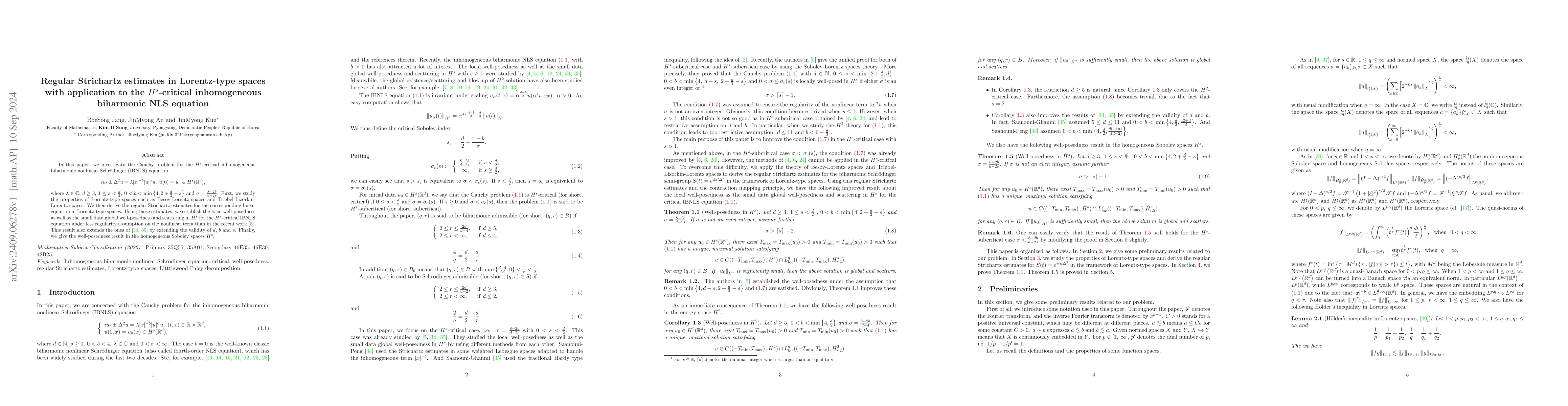 Thumbnail for Regular Strichartz estimates in Lorentz-type spaces with application to
  the $H^s$-critical inhomogeneous biharmonic NLS equation