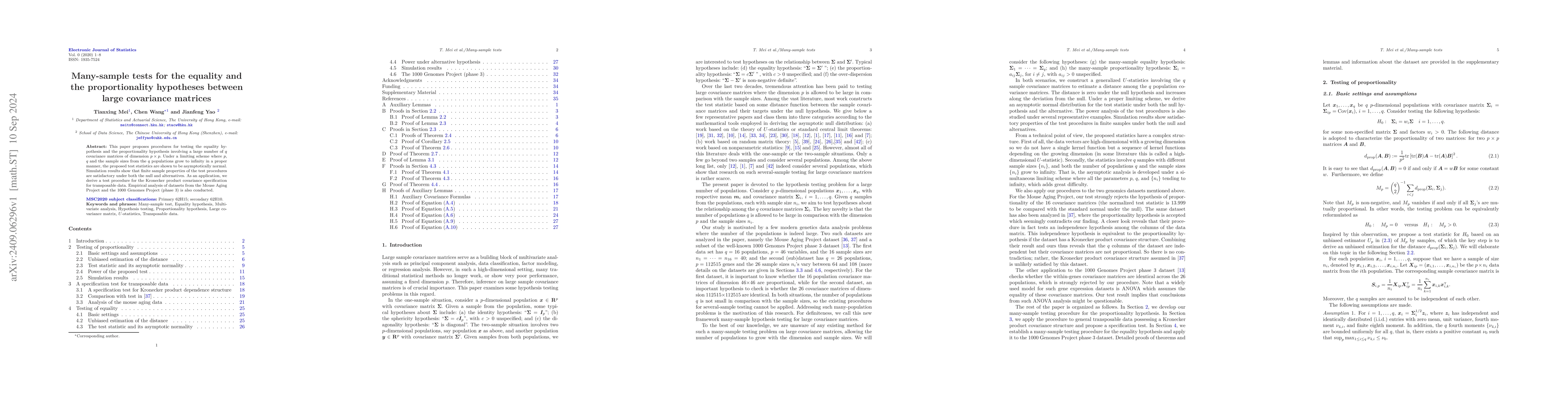 Thumbnail for Many-sample tests for the equality and the proportionality hypotheses
  between large covariance matrices
