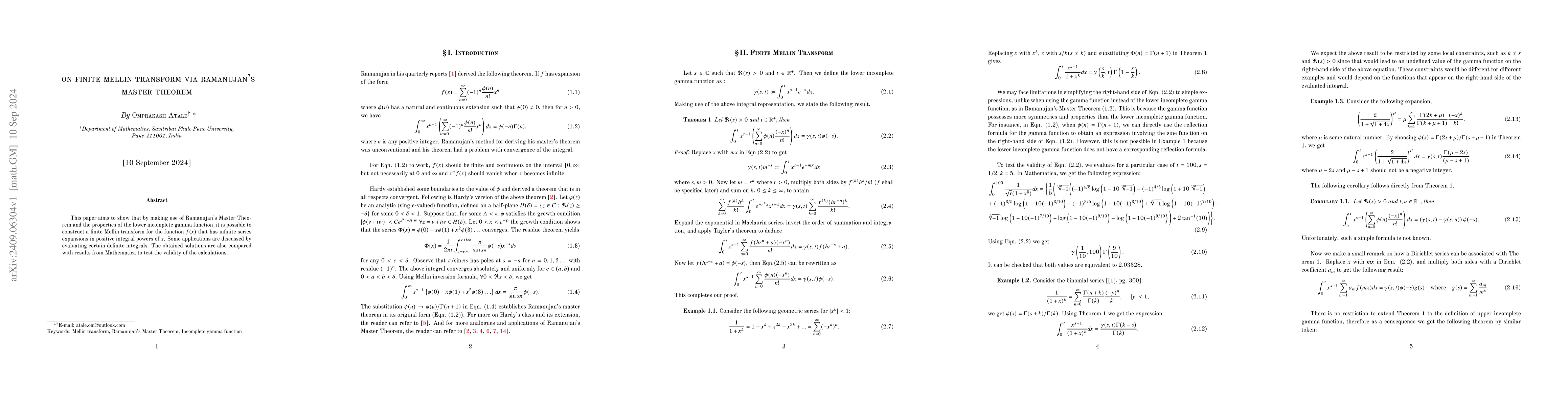 Thumbnail for On Finite Mellin Transform via Ramanujan's Master Theorem