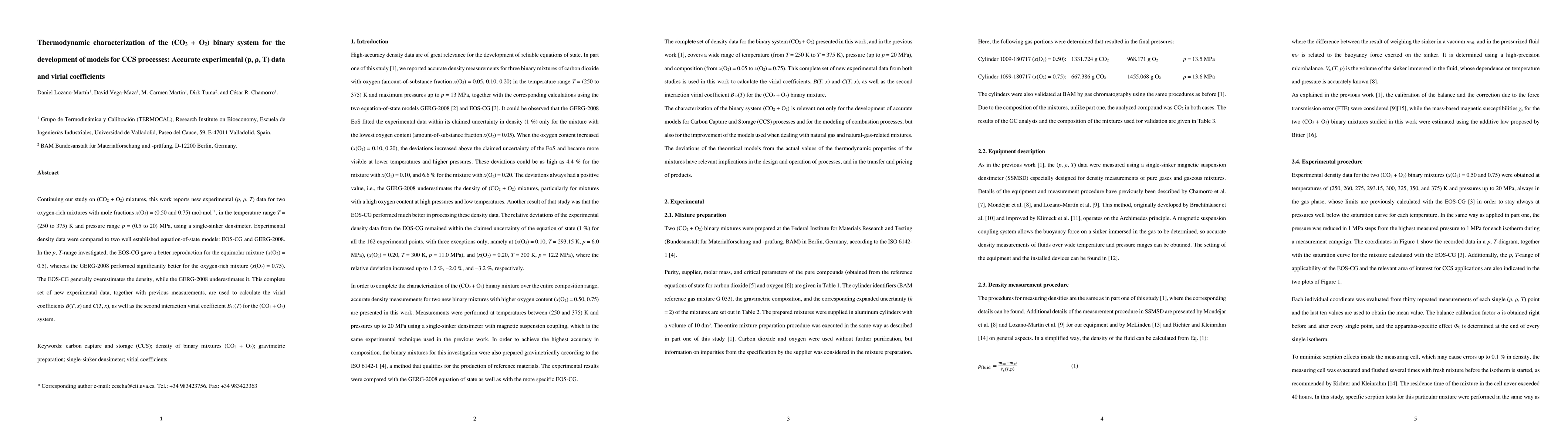 Thumbnail for Thermodynamic characterization of the ($CO_{2}$ + $O_{2}$) binary system
  for the development of models for CCS processes: Accurate experimental ($p$,
  $ρ$, $T$) data and virial coefficients