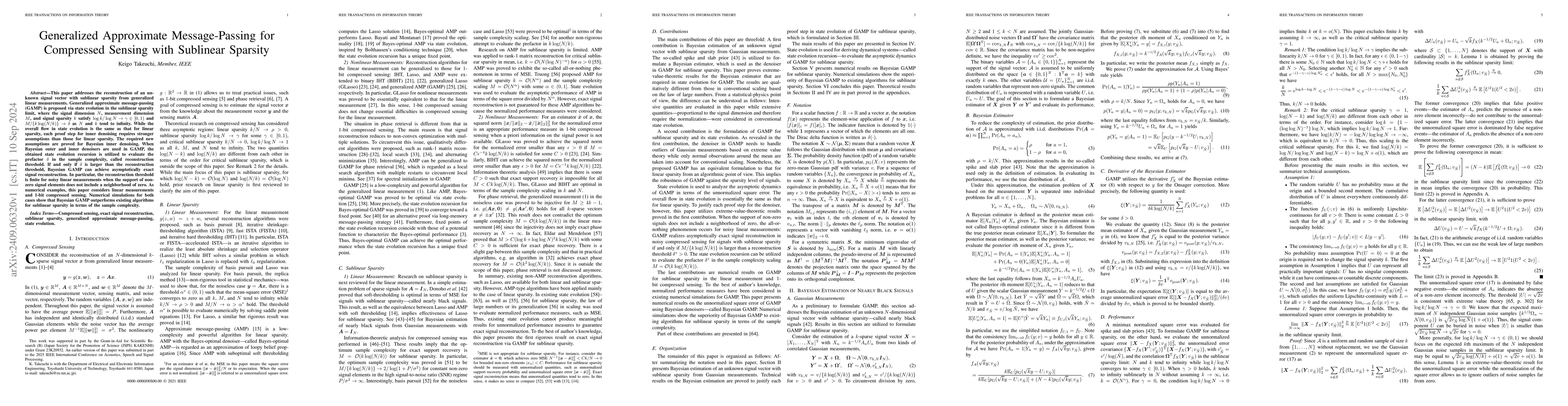 Thumbnail for Generalized Approximate Message-Passing for Compressed Sensing with
  Sublinear Sparsity