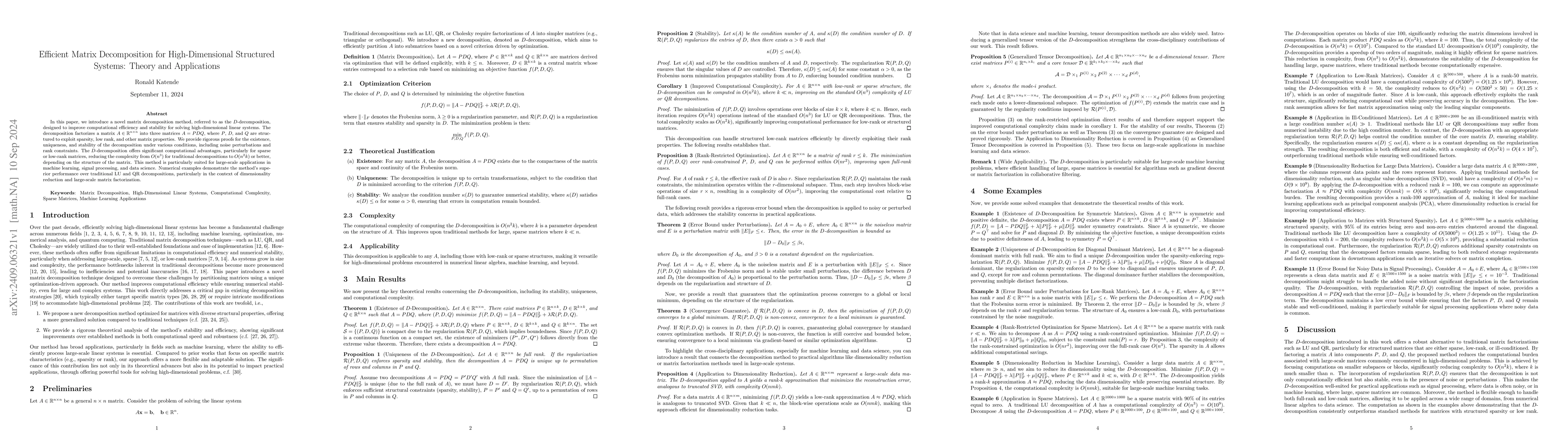 Thumbnail for Efficient Matrix Decomposition for High-Dimensional Structured Systems:
  Theory and Applications