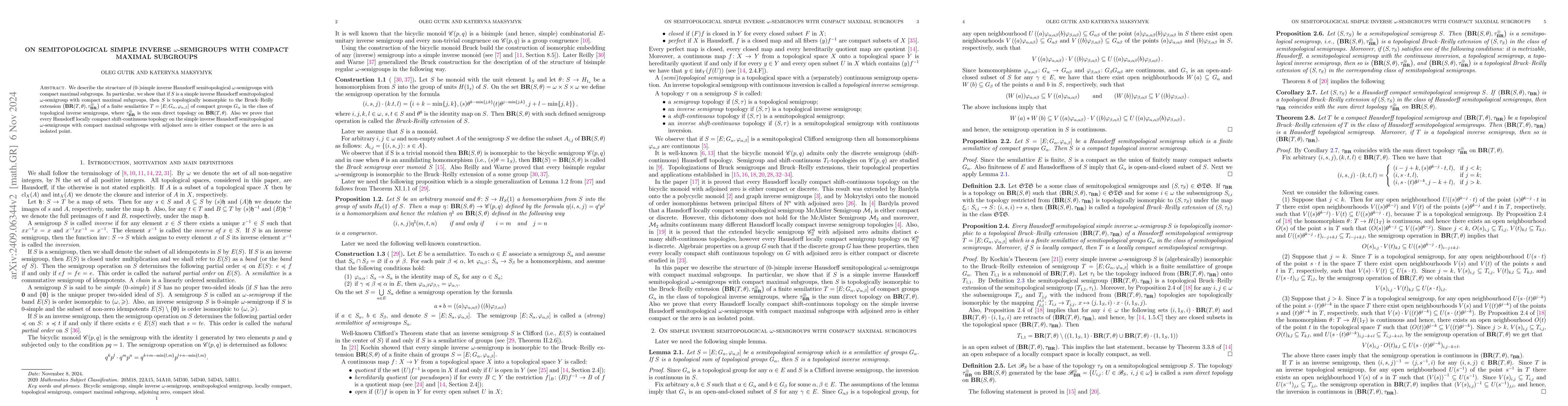 Thumbnail for On semitopological simple inverse $ω$-semigroups with compact
  maximal subgroups