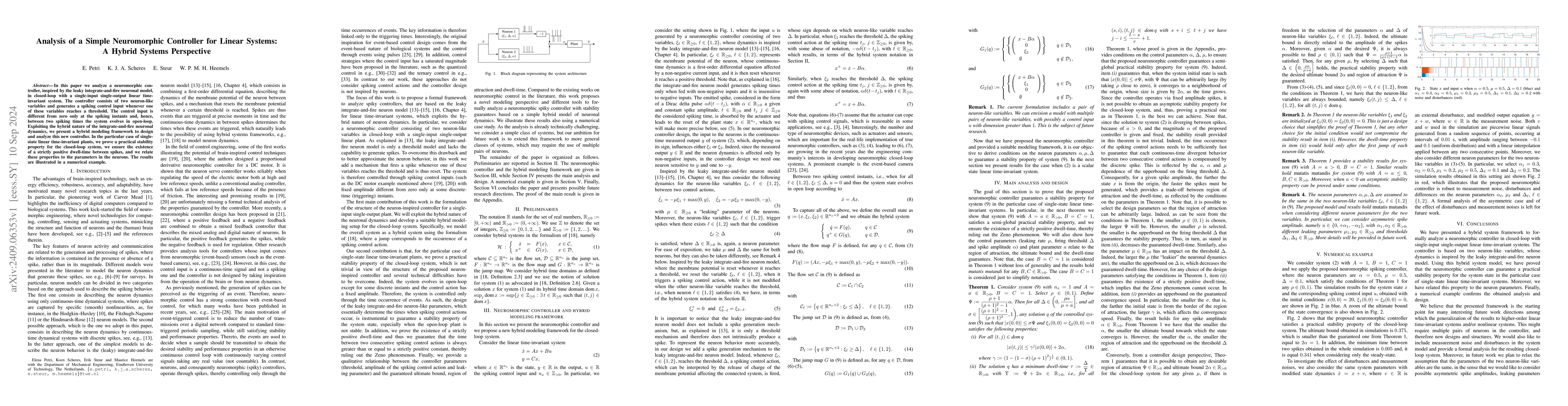 Thumbnail for Analysis of a Simple Neuromorphic Controller for Linear Systems: A
  Hybrid Systems Perspective