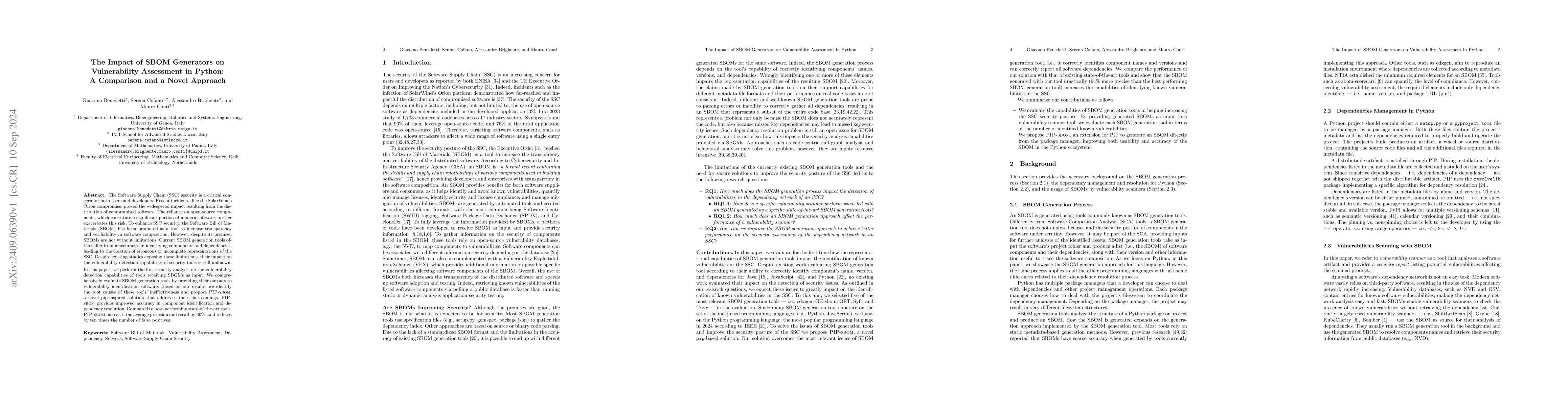 Thumbnail for The Impact of SBOM Generators on Vulnerability Assessment in Python: A
  Comparison and a Novel Approach
