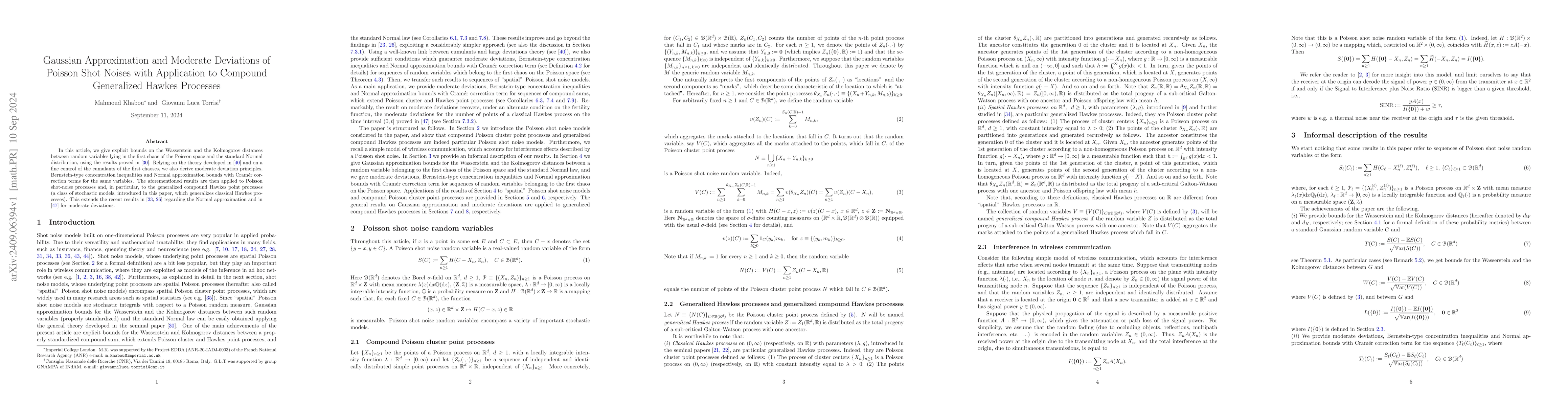 Thumbnail for Gaussian Approximation and Moderate Deviations of Poisson Shot Noises
  with Application to Compound Generalized Hawkes Processes