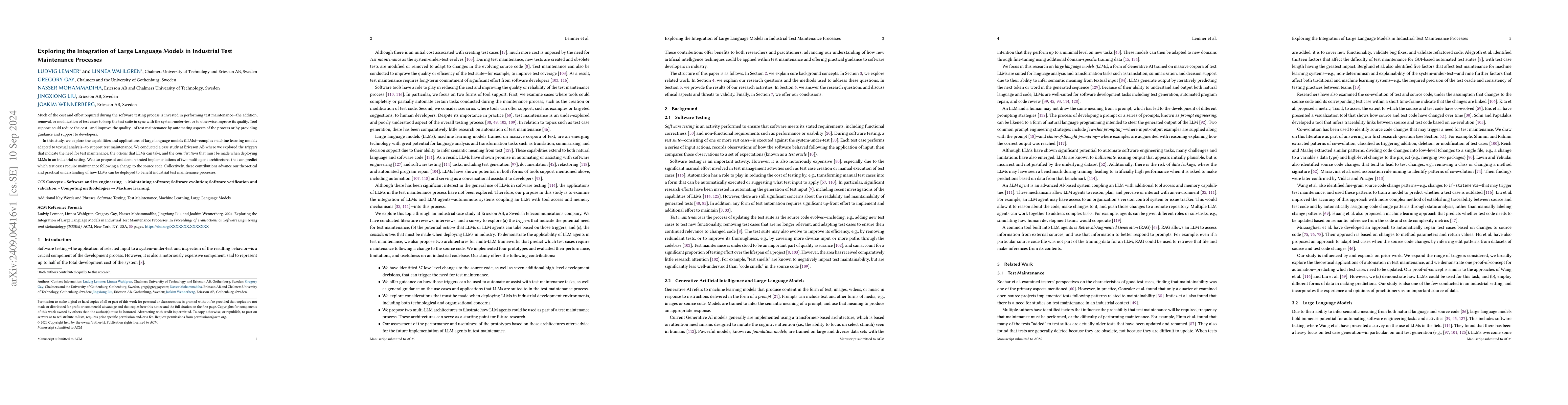 Thumbnail for Exploring the Integration of Large Language Models in Industrial Test
  Maintenance Processes