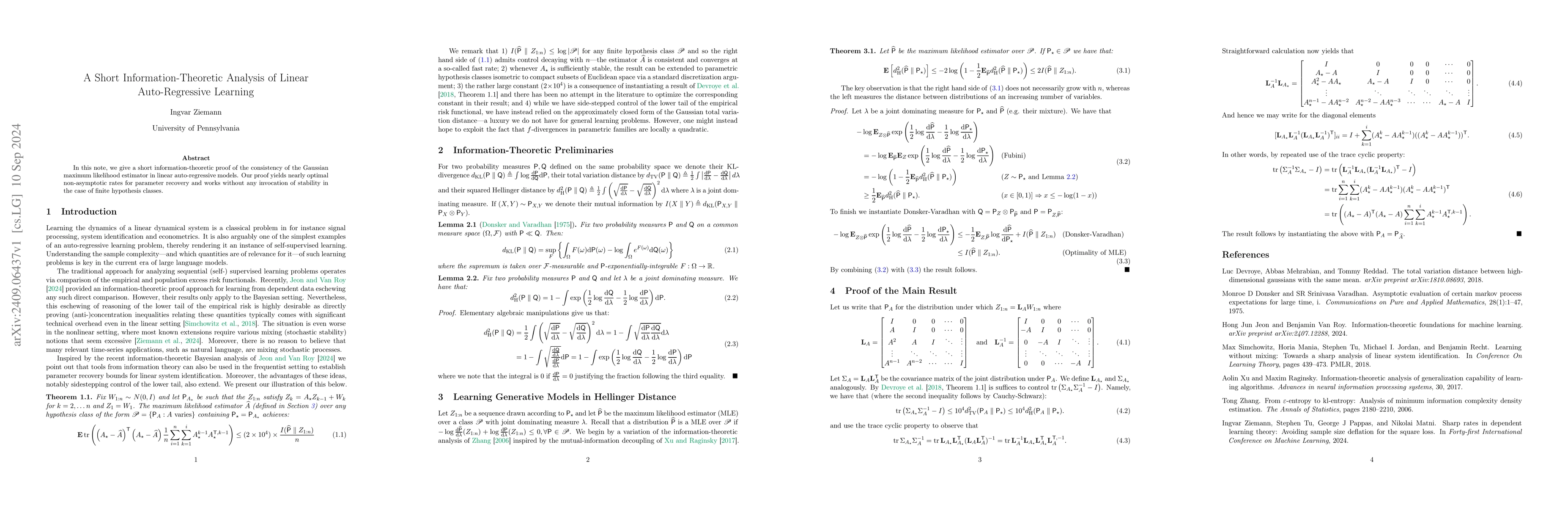 Thumbnail for A Short Information-Theoretic Analysis of Linear Auto-Regressive
  Learning