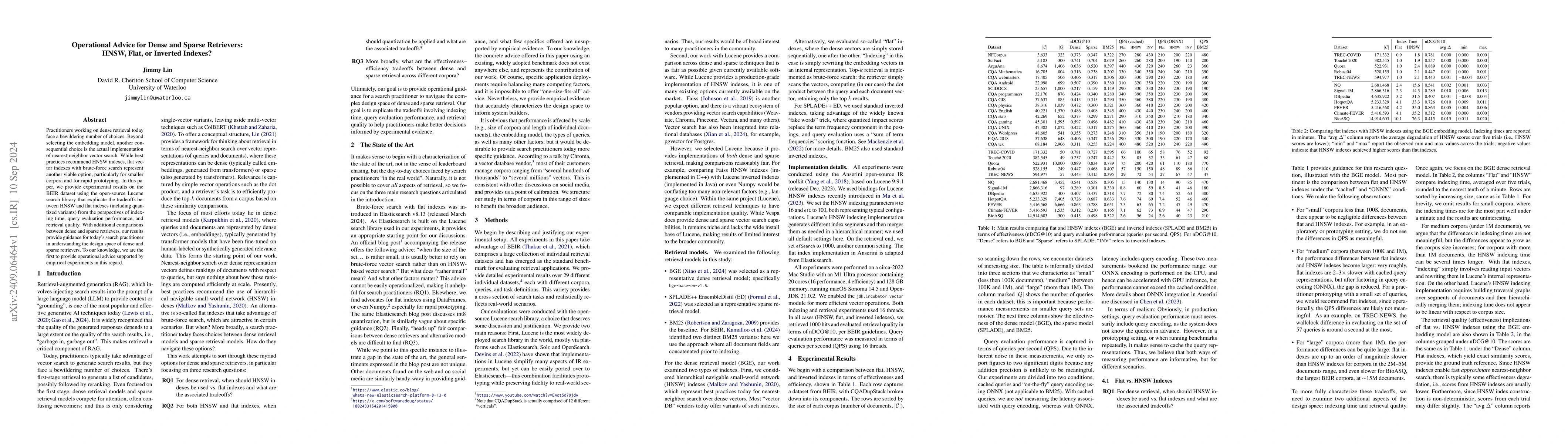 Thumbnail for Operational Advice for Dense and Sparse Retrievers: HNSW, Flat, or
  Inverted Indexes?