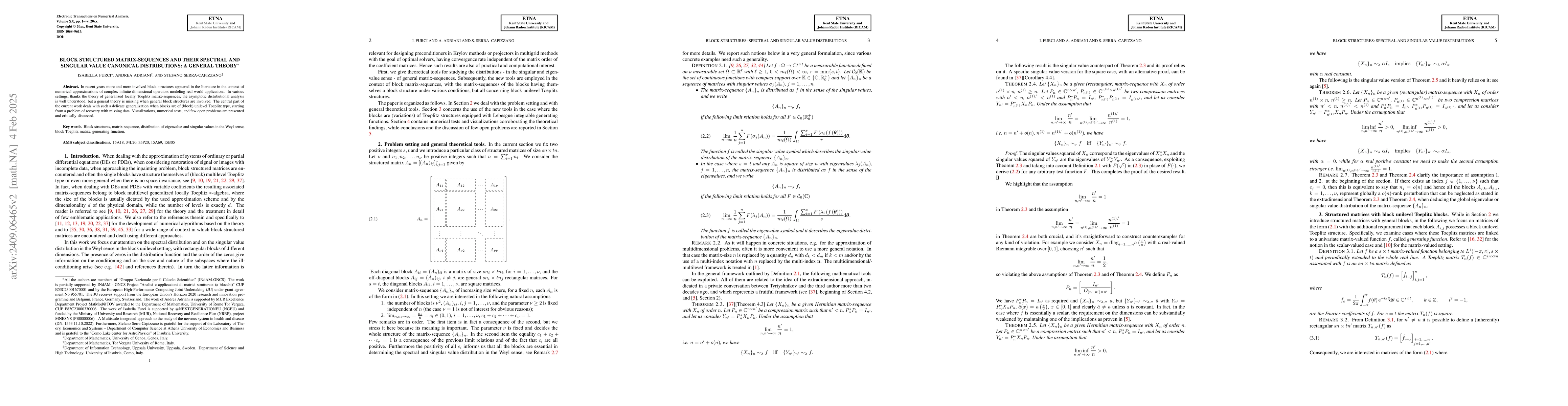 Thumbnail for Block structured matrix-sequences and their spectral and singular value
  canonical distributions: a general theory