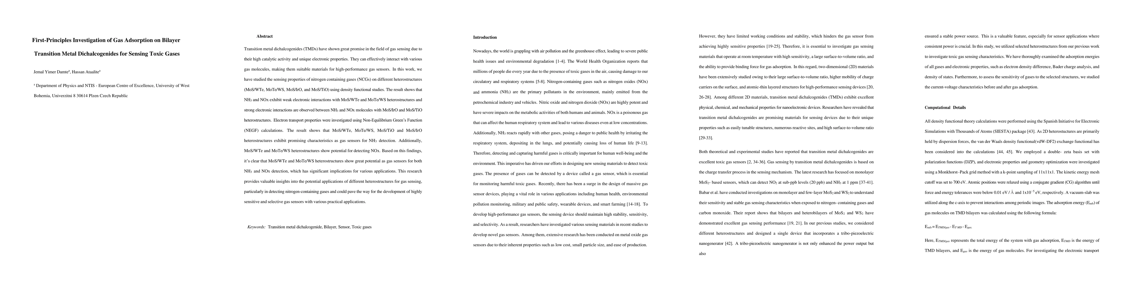 Thumbnail for First Principles Investigation of Gas Adsorption on Bilayer Transition
  Metal Dichalcogenides for Sensing Toxic Gases