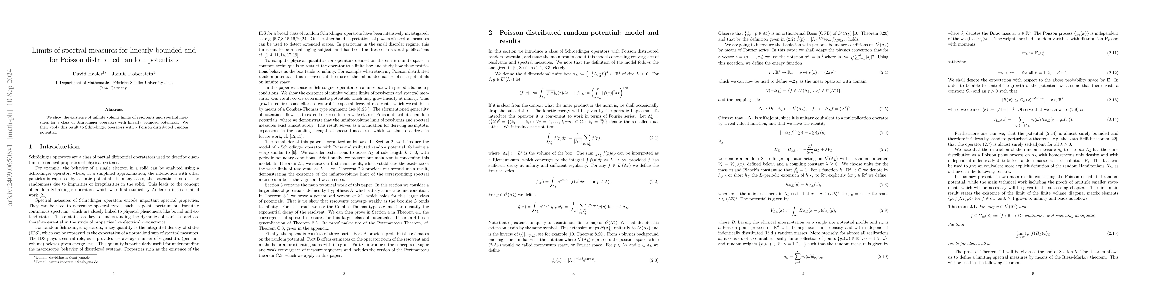 Thumbnail for Limits of spectral measures for linearly bounded and for Poisson
  distributed random potentials