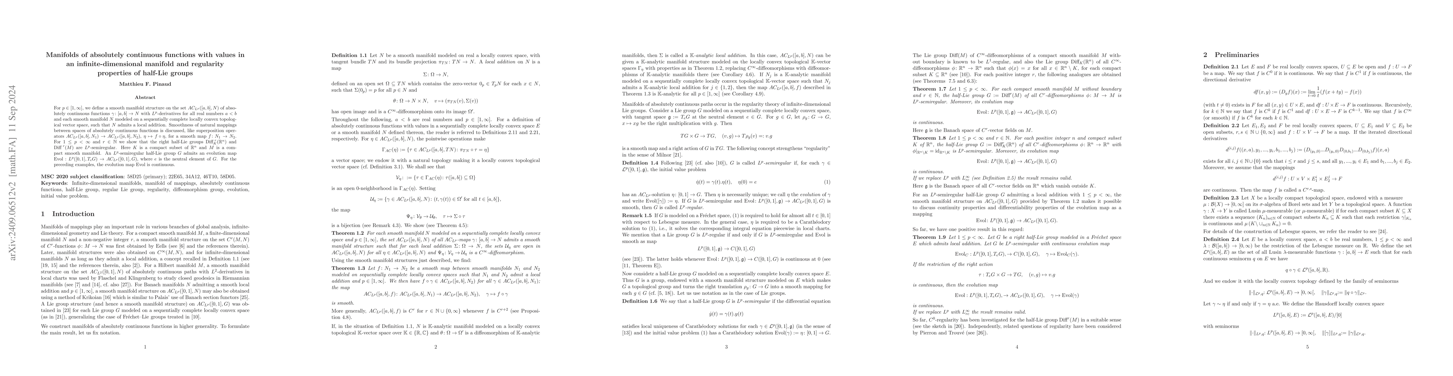 Thumbnail for Manifolds of absolutely continuous functions with values in an
  infinite-dimensional manifold and regularity properties of half-Lie groups