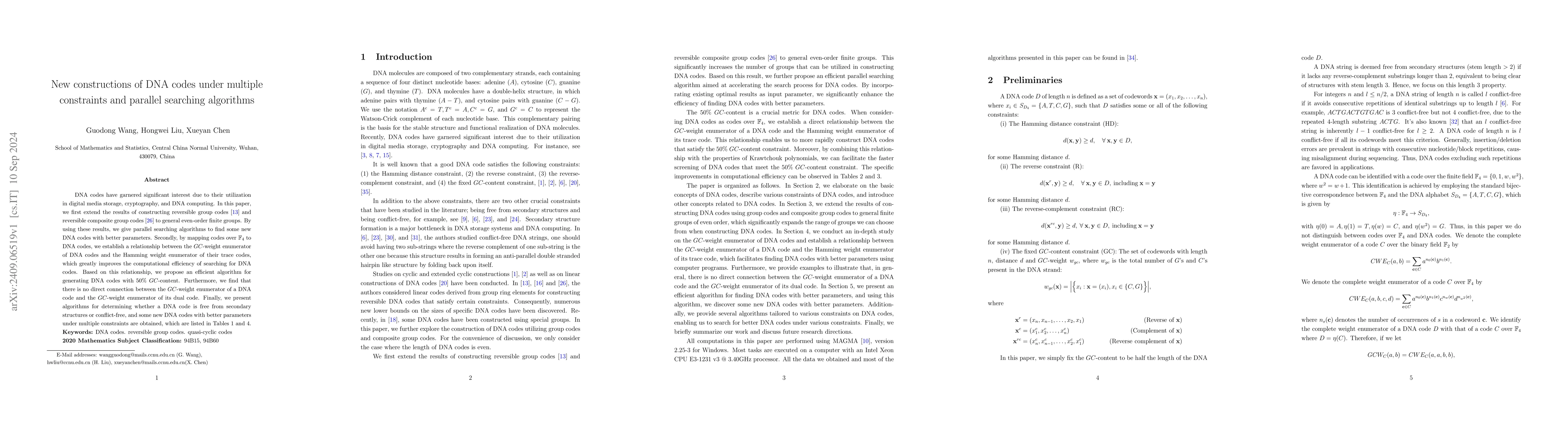 Thumbnail for New constructions of DNA codes under multiple constraints and parallel
  searching algorithms