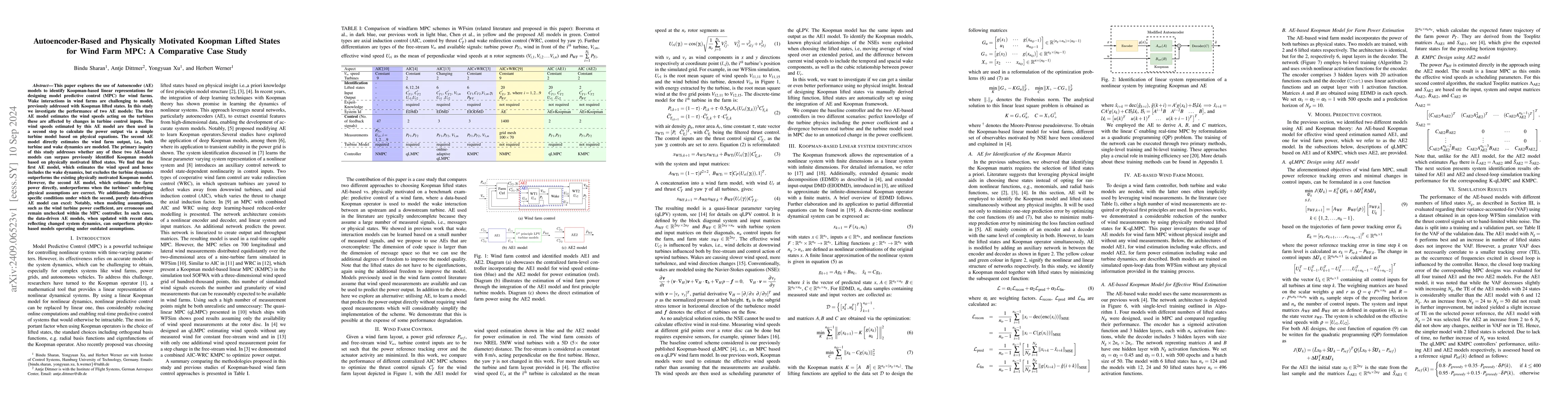 Thumbnail for Autoencoder-Based and Physically Motivated Koopman Lifted States for
  Wind Farm MPC: A Comparative Case Study