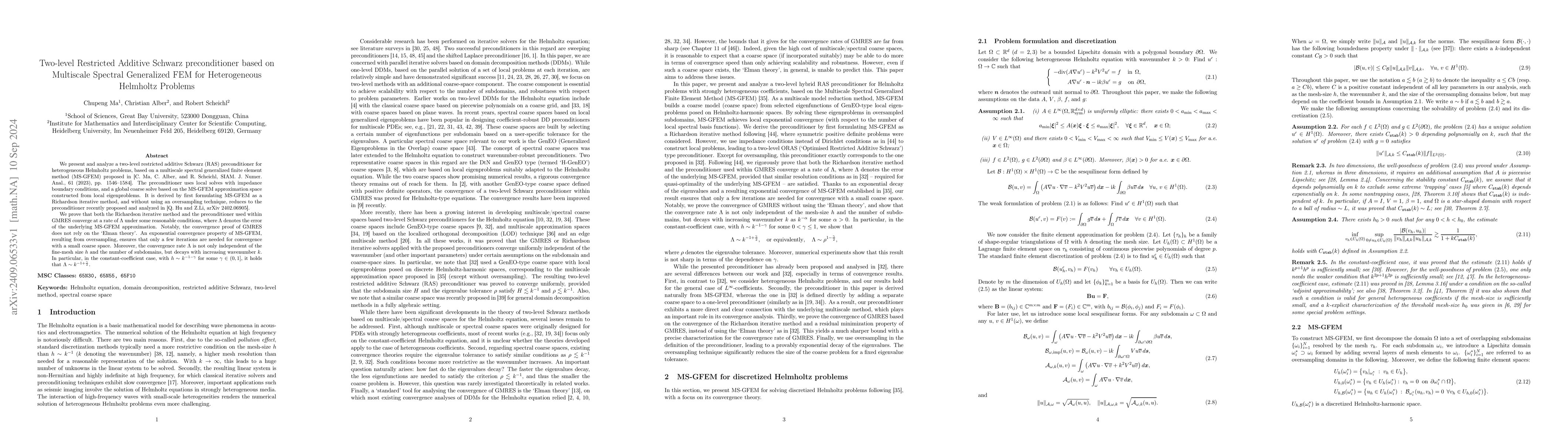 Thumbnail for Two-level Restricted Additive Schwarz preconditioner based on Multiscale
  Spectral Generalized FEM for Heterogeneous Helmholtz Problems