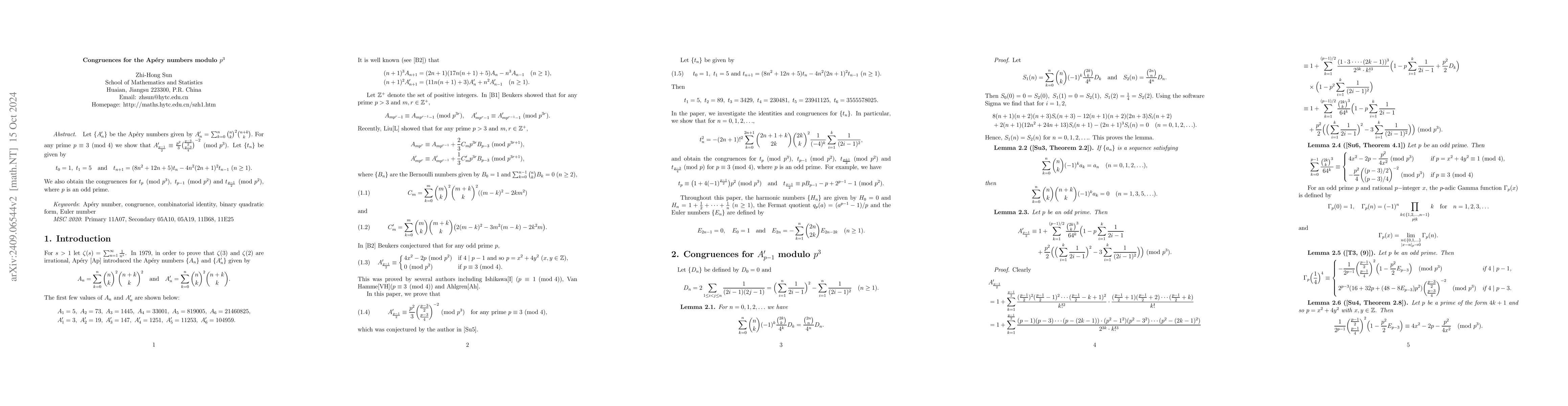 Thumbnail for Congruences for the ApĂŠry numbers modulo $p^3$