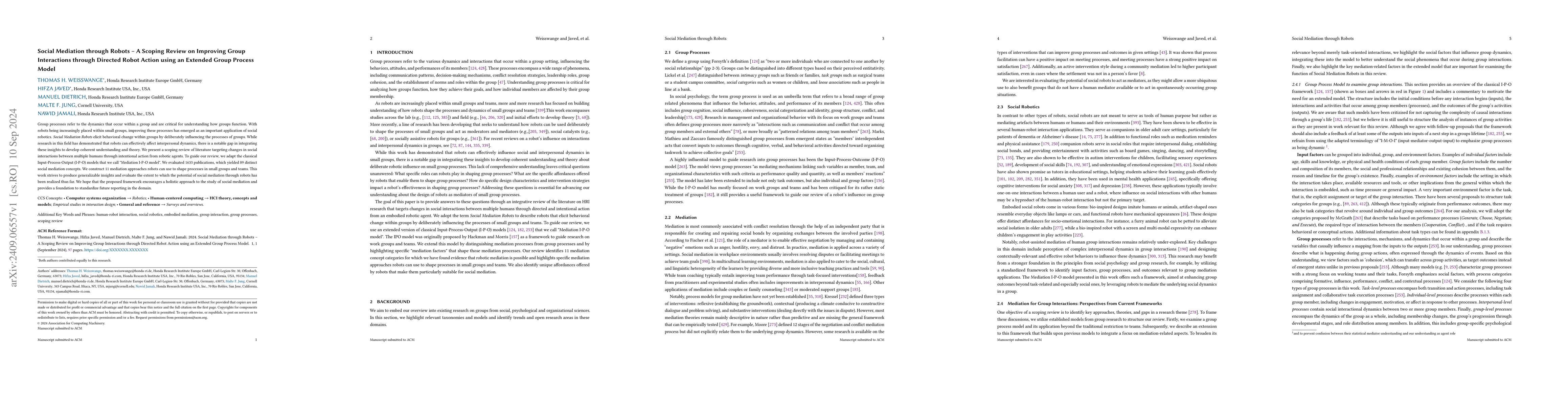 Thumbnail for Social Mediation through Robots -- A Scoping Review on Improving Group
  Interactions through Directed Robot Action using an Extended Group Process
  Model