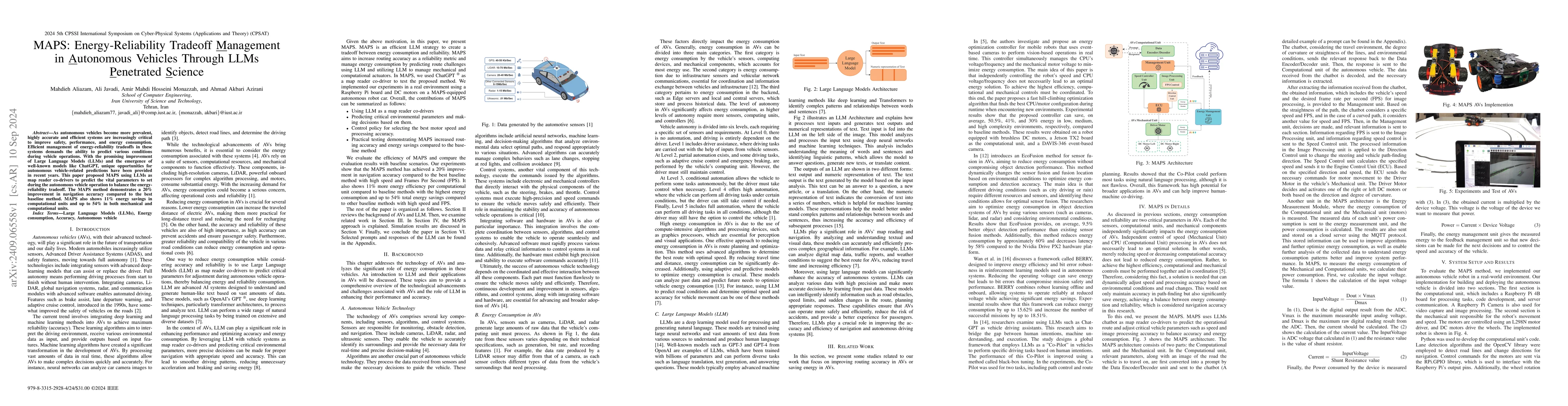 Thumbnail for MAPS: Energy-Reliability Tradeoff Management in Autonomous Vehicles
  Through LLMs Penetrated Science