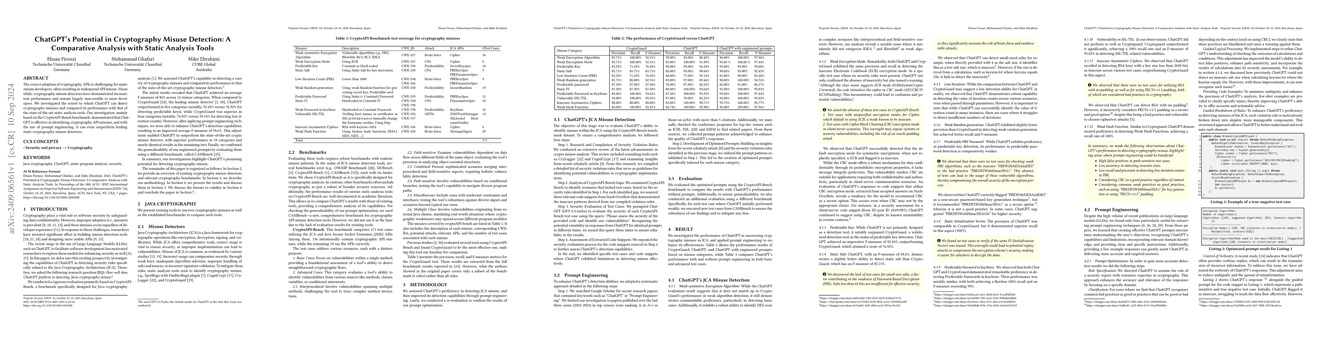 Thumbnail for ChatGPT's Potential in Cryptography Misuse Detection: A Comparative
  Analysis with Static Analysis Tools