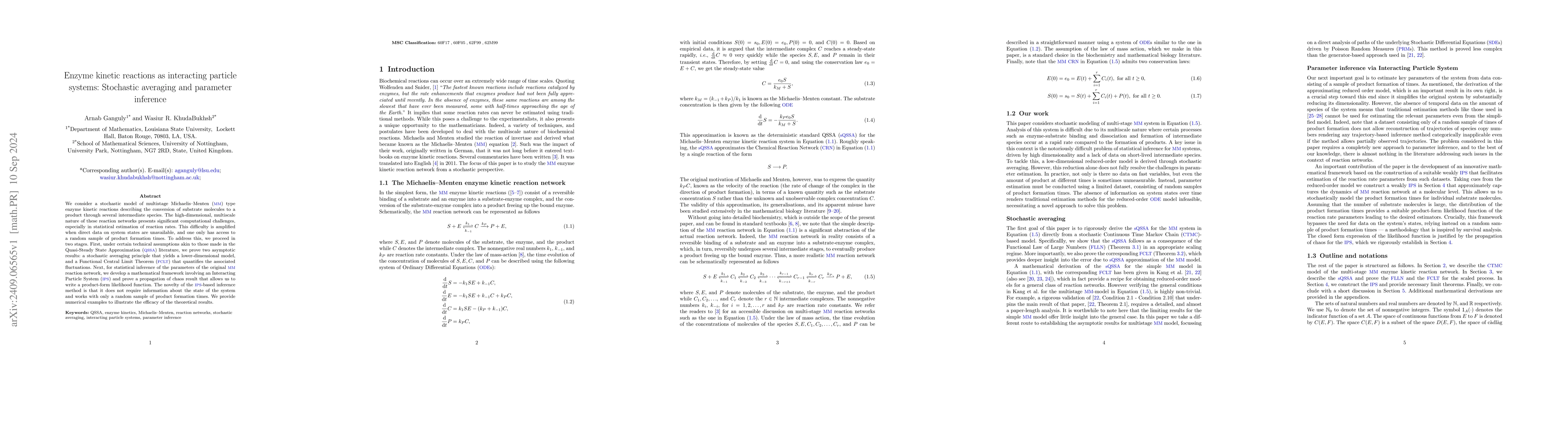 Thumbnail for Enzyme kinetic reactions as interacting particle systems: Stochastic
  averaging and parameter inference