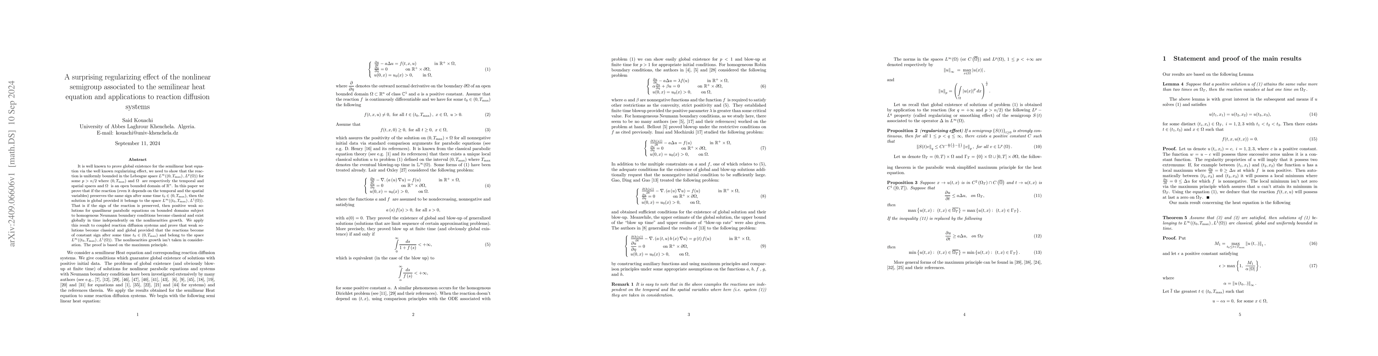 Thumbnail for A surprising regularizing effect of the nonlinear semigroup associated
  to the semilinear heat equation and applications to reaction diffusion
  systems