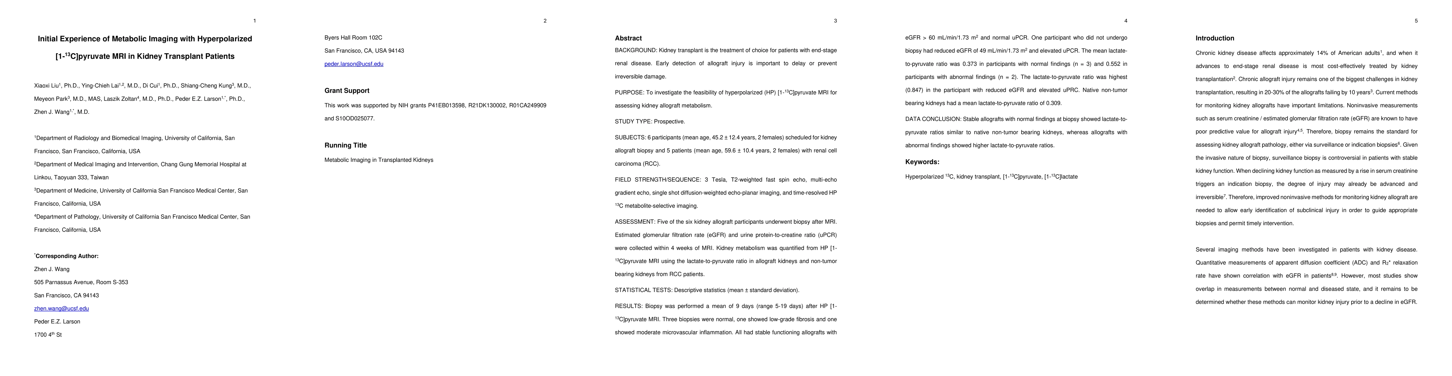 Thumbnail for Initial Experience of Metabolic Imaging with Hyperpolarized
  [1-13C]pyruvate MRI in Kidney Transplant Patients