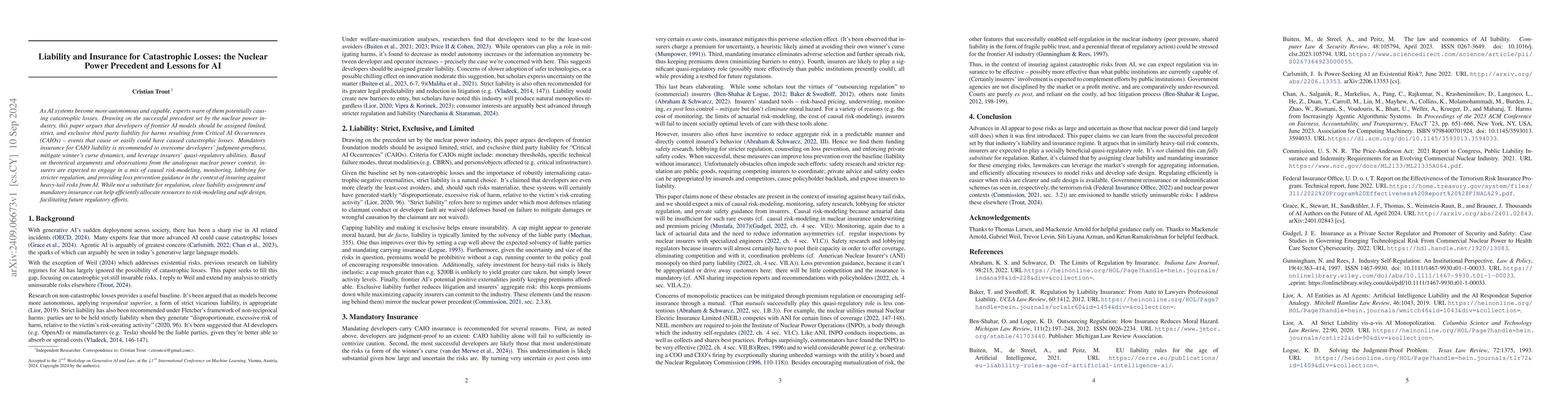 Thumbnail for Liability and Insurance for Catastrophic Losses: the Nuclear Power
  Precedent and Lessons for AI