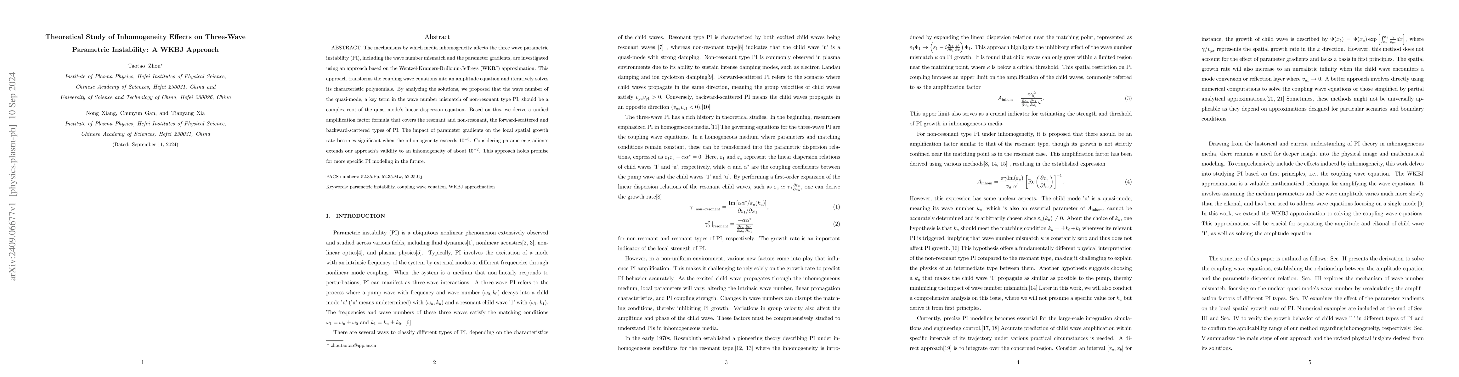 Thumbnail for Theoretical Study of Inhomogeneity Effects on Three-Wave Parametric
  Instability: A WKBJ Approach