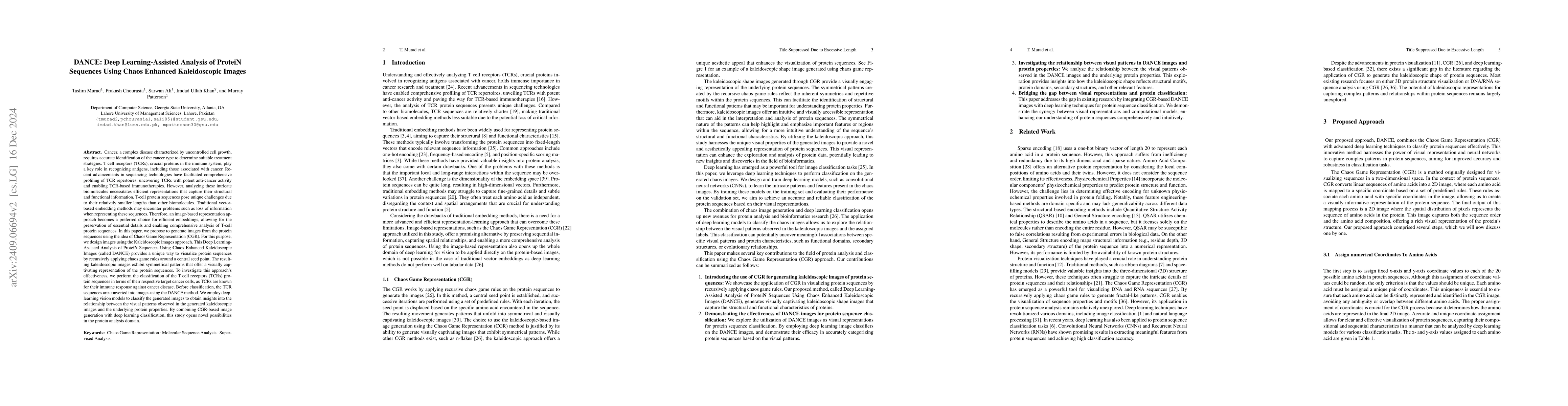 Thumbnail for DANCE: Deep Learning-Assisted Analysis of Protein Sequences Using Chaos
  Enhanced Kaleidoscopic Images