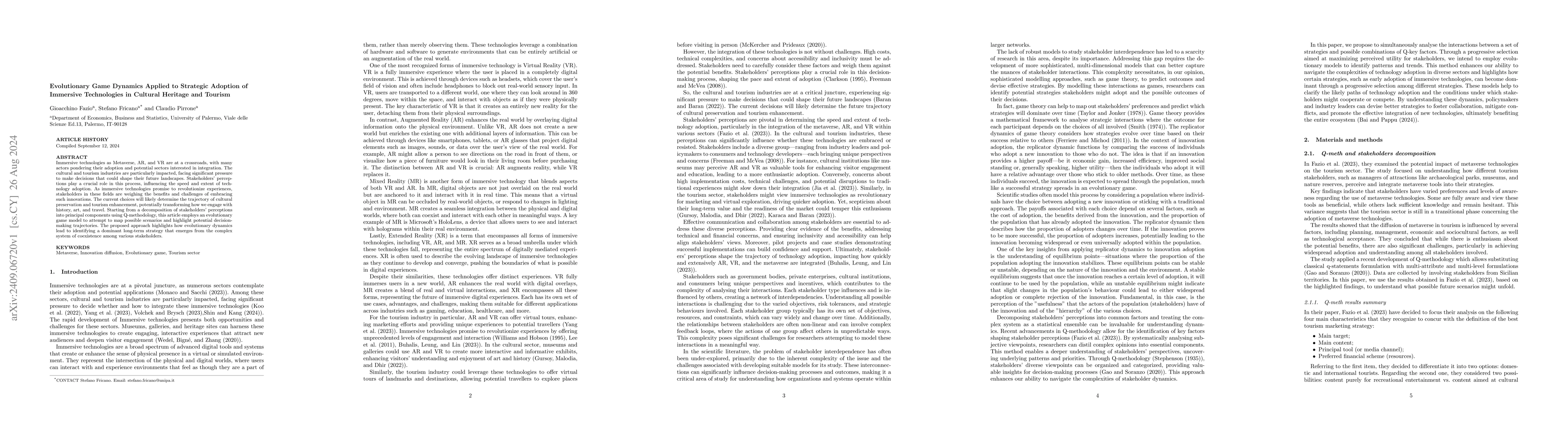 Thumbnail for Evolutionary Game Dynamics Applied to Strategic Adoption of Immersive
  Technologies in Cultural Heritage and Tourism