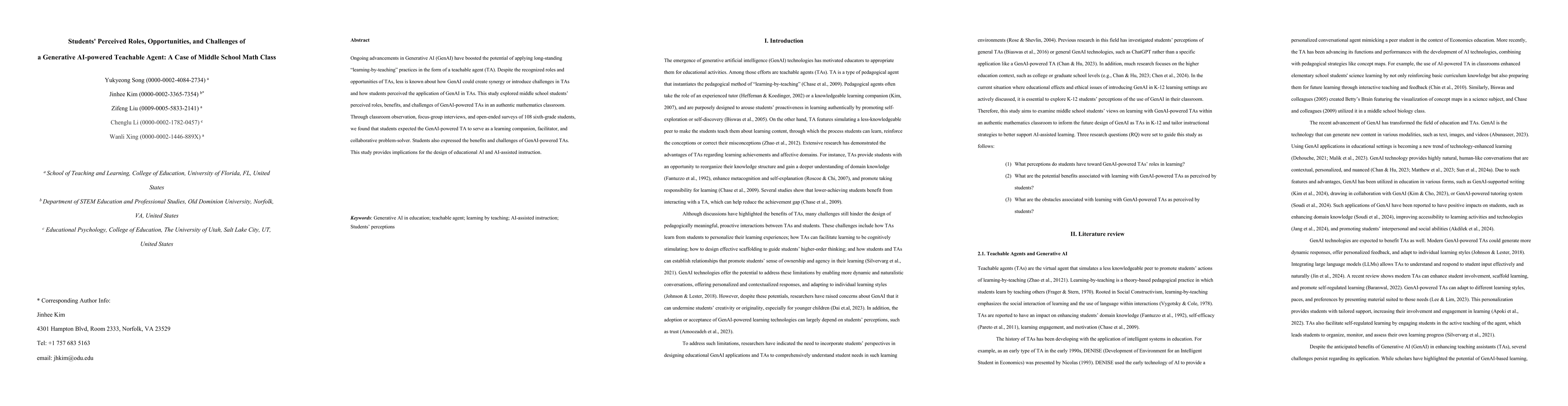 Thumbnail for Students' Perceived Roles, Opportunities, and Challenges of a Generative
  AI-powered Teachable Agent: A Case of Middle School Math Class