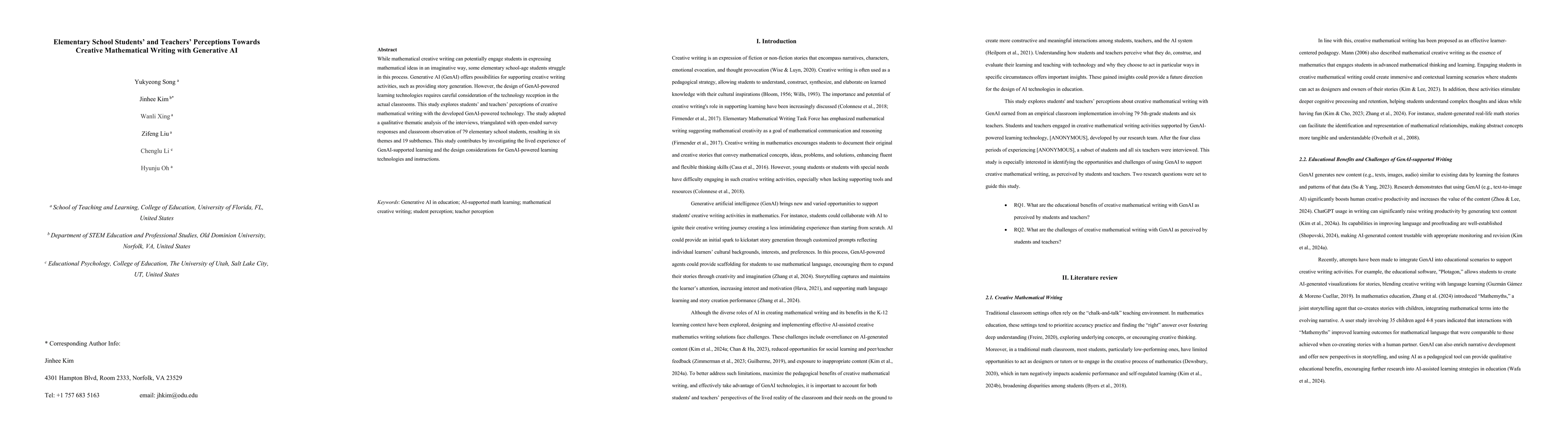 Thumbnail for Elementary School Students' and Teachers' Perceptions Towards Creative
  Mathematical Writing with Generative AI