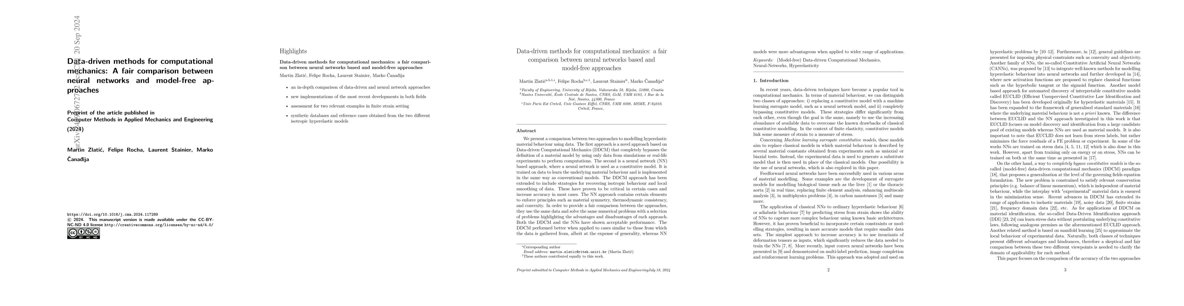 Thumbnail for Data-driven methods for computational mechanics: A fair comparison
  between neural networks based and model-free approaches