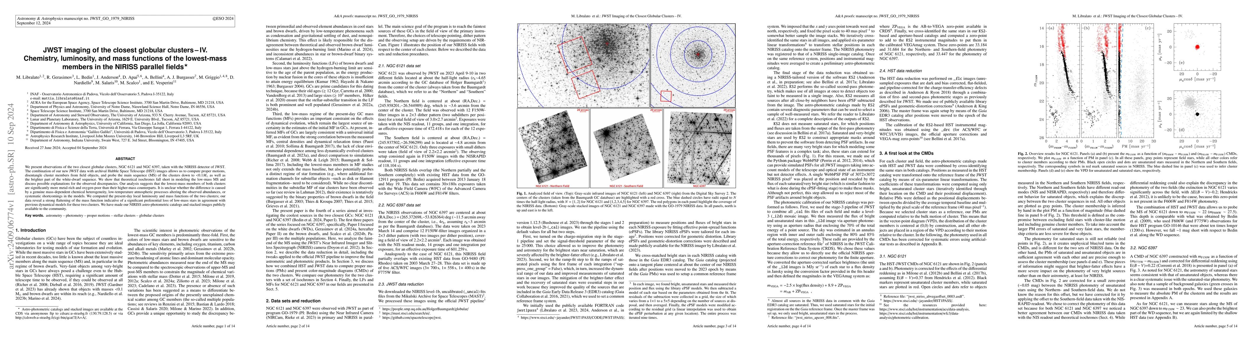 Thumbnail for JWST imaging of the closest globular clusters -- IV. Chemistry,
  luminosity, and mass functions of the lowest-mass members in the NIRISS
  parallel fields