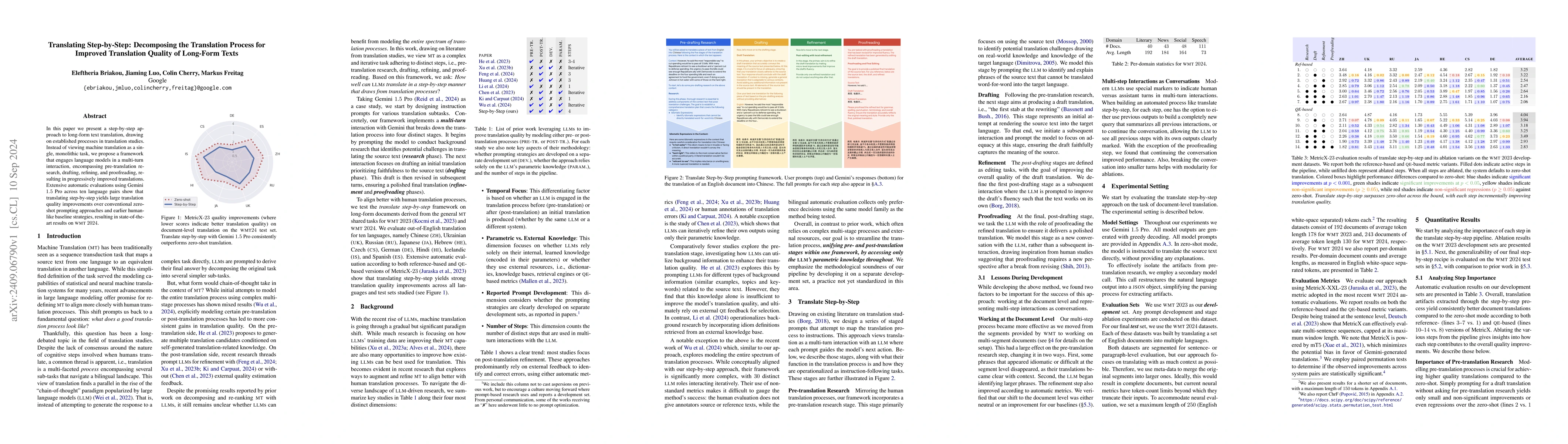 Thumbnail for Translating Step-by-Step: Decomposing the Translation Process for
  Improved Translation Quality of Long-Form Texts