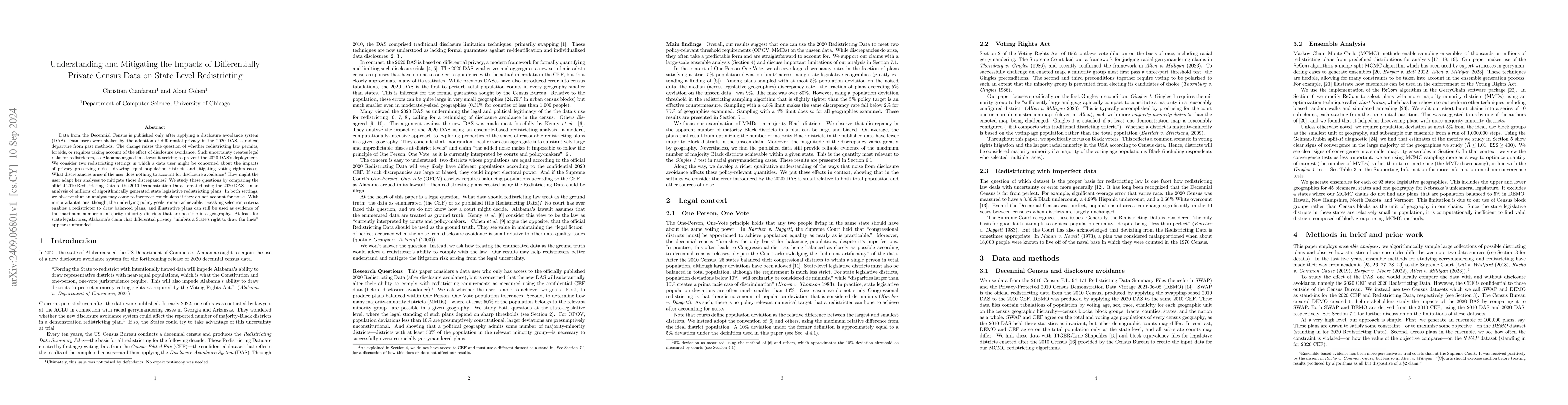 Thumbnail for Understanding and Mitigating the Impacts of Differentially Private
  Census Data on State Level Redistricting