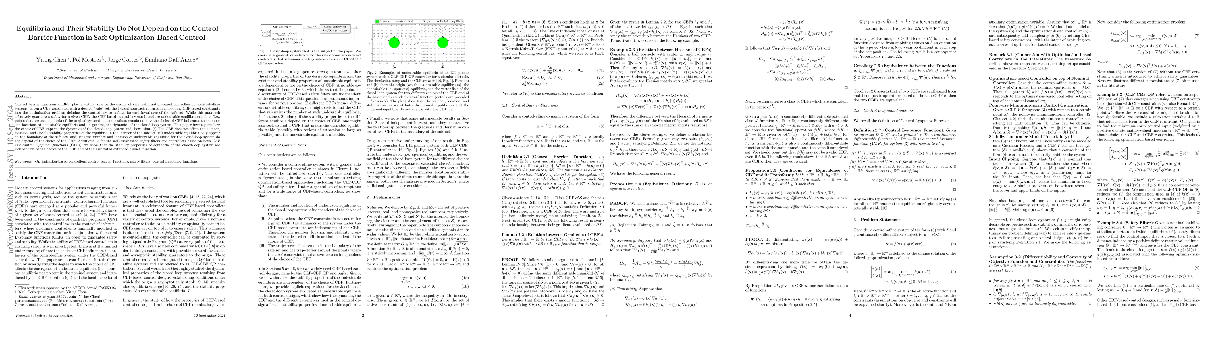 Thumbnail for Equilibria and Their Stability Do Not Depend on the Control Barrier
  Function in Safe Optimization-Based Control