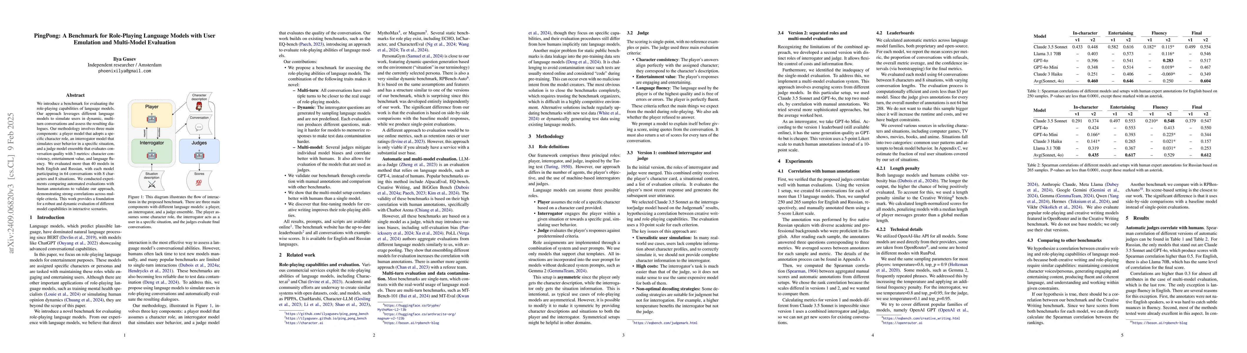 Thumbnail for PingPong: A Benchmark for Role-Playing Language Models with User
  Emulation and Multi-Model Evaluation