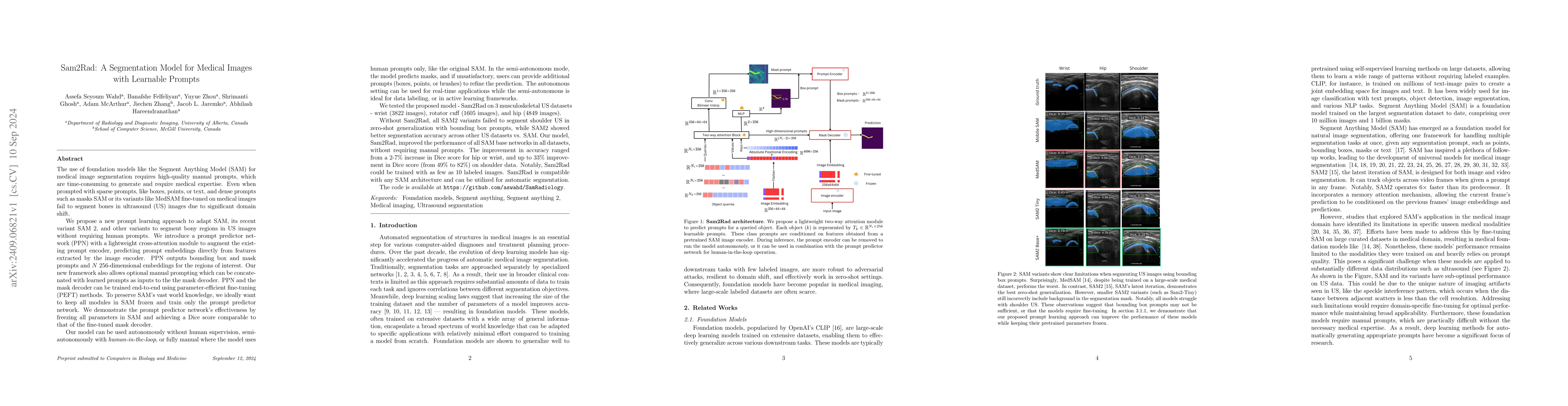 Thumbnail for Sam2Rad: A Segmentation Model for Medical Images with Learnable Prompts