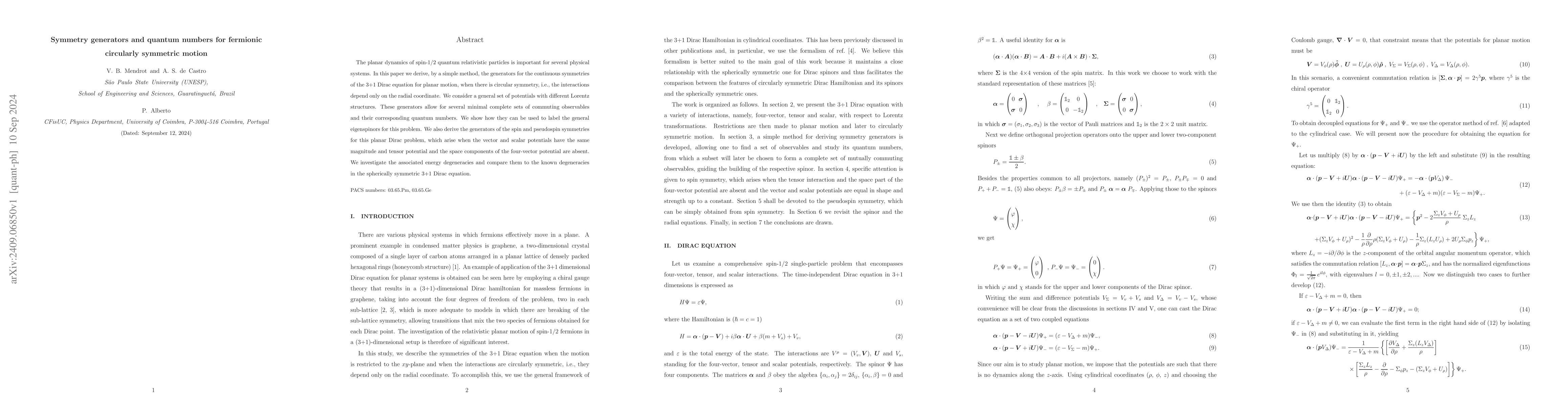Thumbnail for Symmetry generators and quantum numbers for fermionic circularly
  symmetric motion
