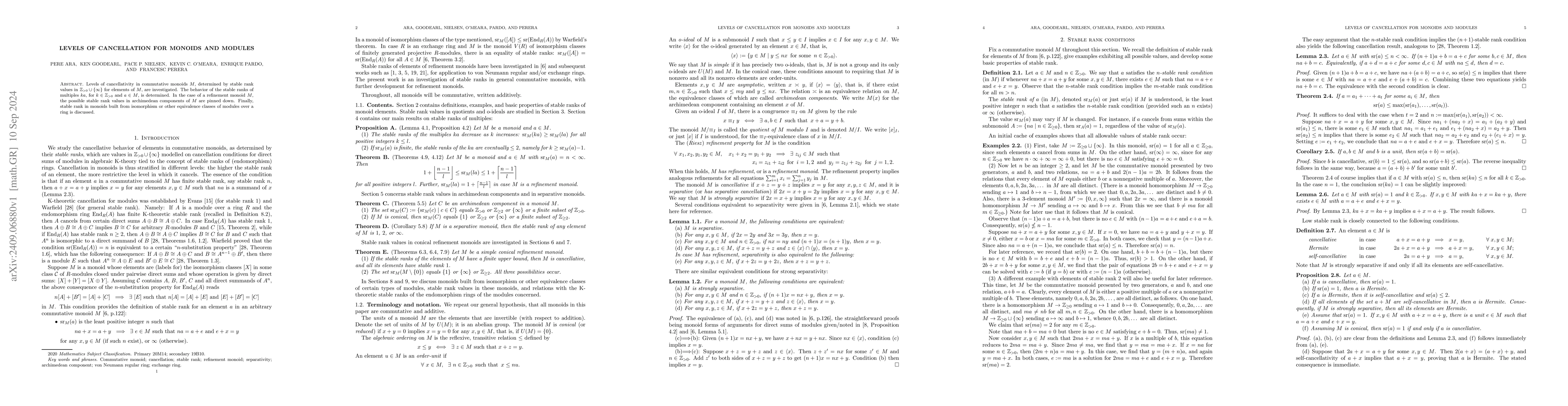 Thumbnail for Levels of cancellation for monoids and modules