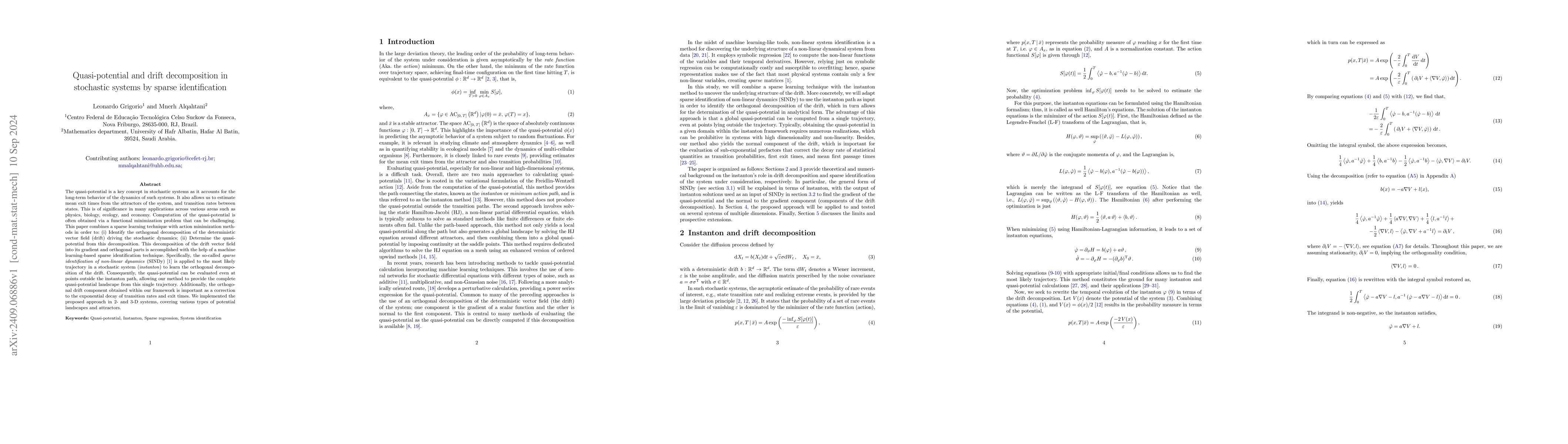 Thumbnail for Quasi-potential and drift decomposition in stochastic systems by sparse
  identification