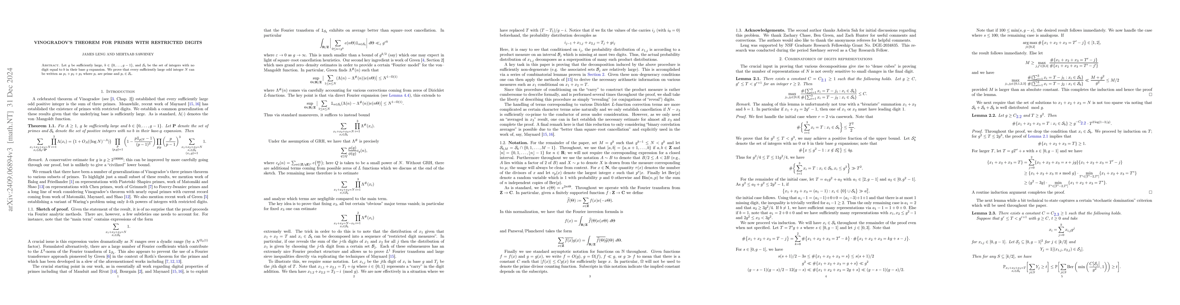 Thumbnail for Vinogradov's theorem for primes with restricted digits