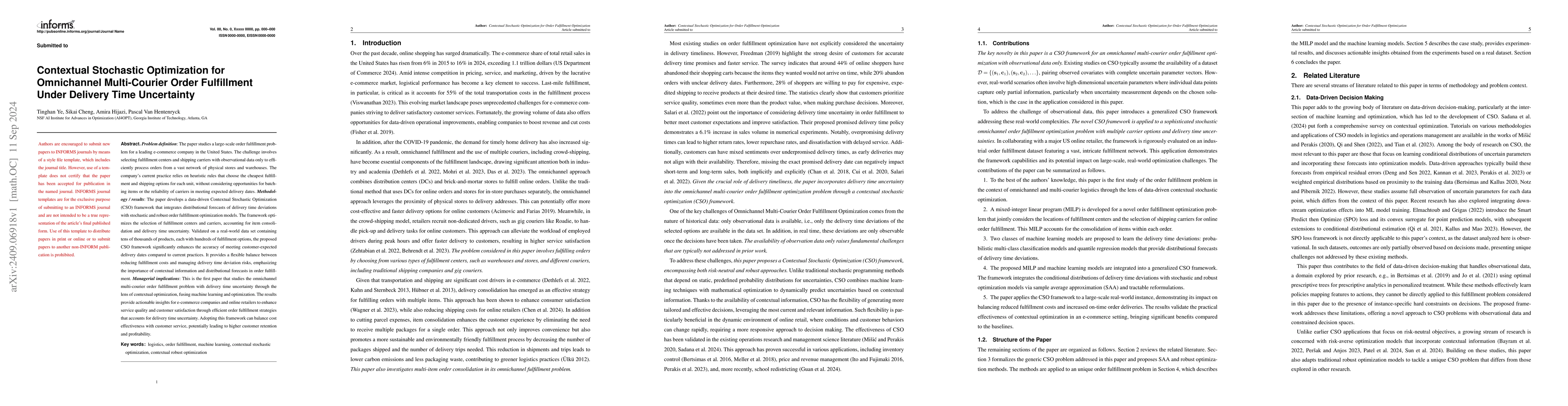 Thumbnail for Contextual Stochastic Optimization for Omnichannel Multi-Courier Order
  Fulfillment Under Delivery Time Uncertainty