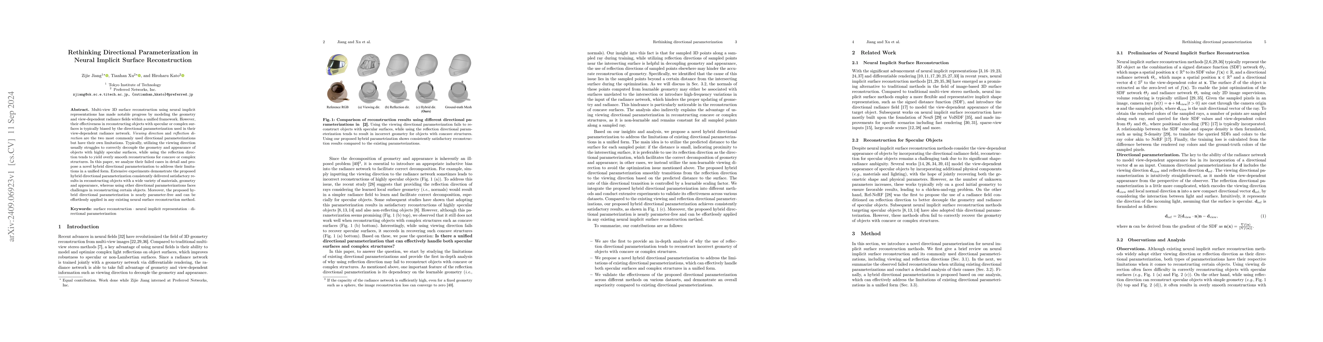 Thumbnail for Rethinking Directional Parameterization in Neural Implicit Surface
  Reconstruction