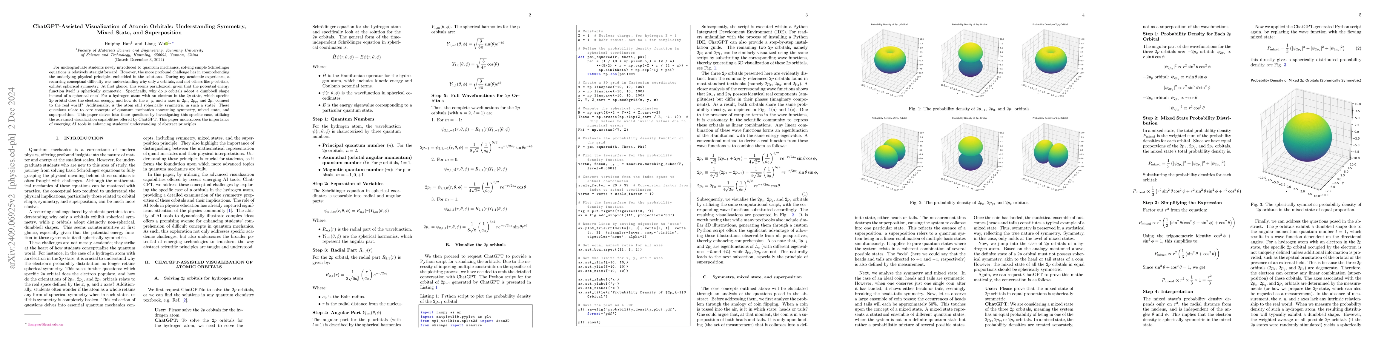 Thumbnail for ChatGPT-Assisted Visualization of Atomic Orbitals: Understanding
  Symmetry, Mixed State, and Superposition