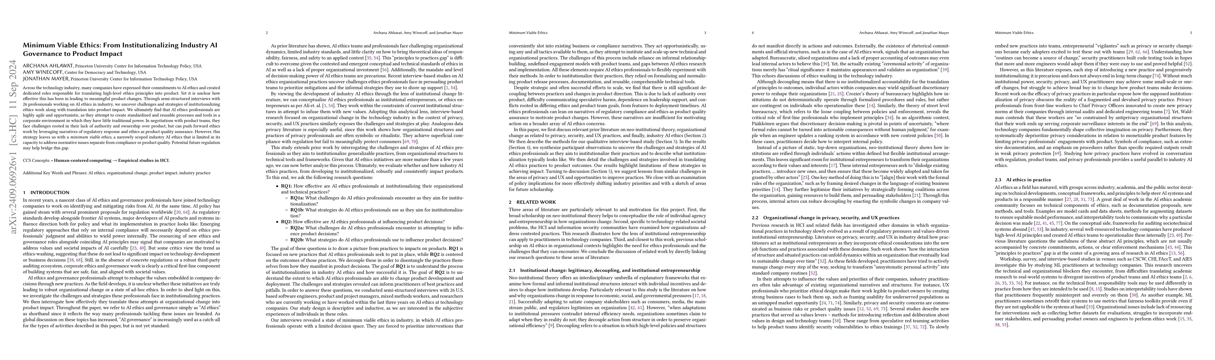 Thumbnail for Minimum Viable Ethics: From Institutionalizing Industry AI Governance to
  Product Impact