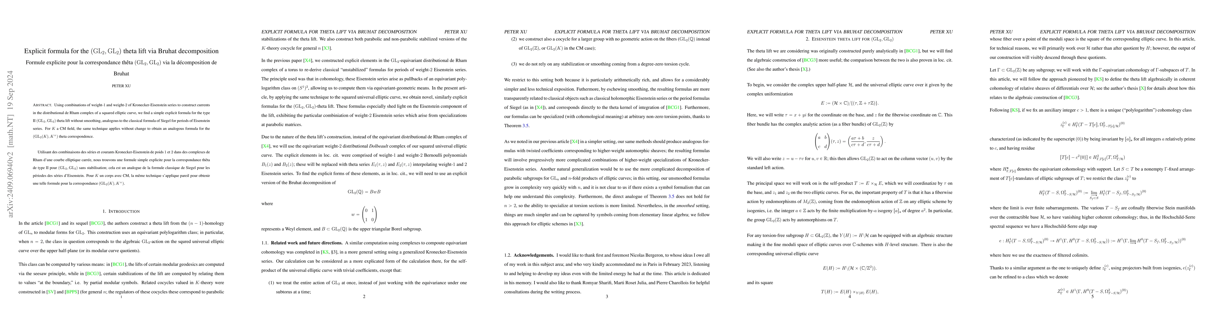 Thumbnail for Explicit formula for the $(\text{GL}_2, \text{GL}_2)$ theta lift via
  Bruhat decomposition