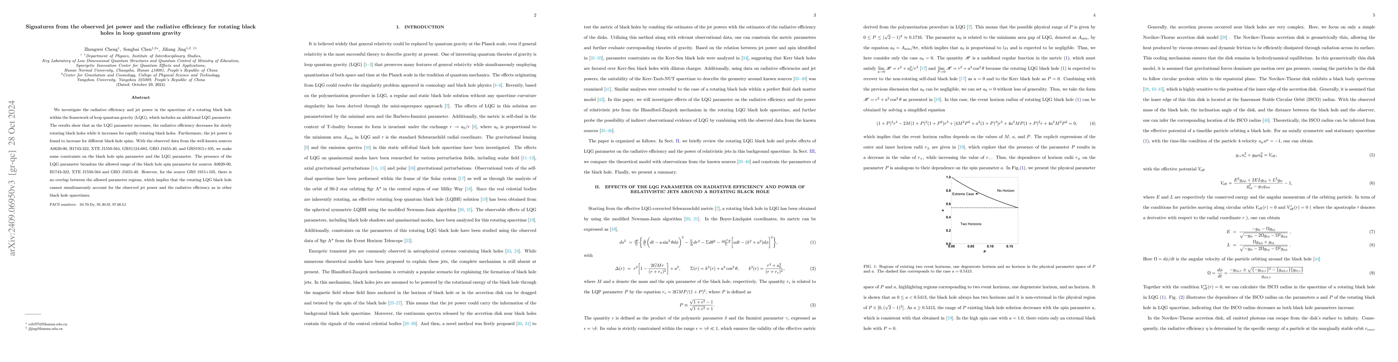 Thumbnail for Signatures from the observed jet power and the radiative efficiency for
  rotating black holes in loop quantum gravity